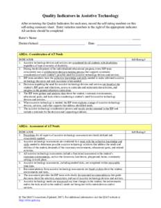 Quality Indicators in Assistive Technology After reviewing the Quality Indicators for each area, record the self-rating numbers on this self-rating summary sheet. Enter variation numbers to the right of the appropriate i