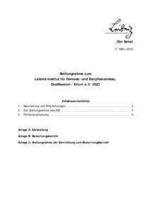 Der Senat 17. März 2016 Stellungnahme zum Leibniz-Institut für Gemüse- und Zierpflanzenbau, Großbeeren / Erfurt e.V. (IGZ)
