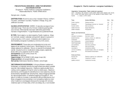 PSEUDOTSUGA MENZIESII - ARBUTUS MENZIESII / VACCINIUM OVATUM Douglas-fir - Pacific madrone / evergreen huckleberry Abbreviated Name: PSME-ARME/VAOV Sample size = 9 plots DISTRIBUTION: Known to occur only in western Pierc