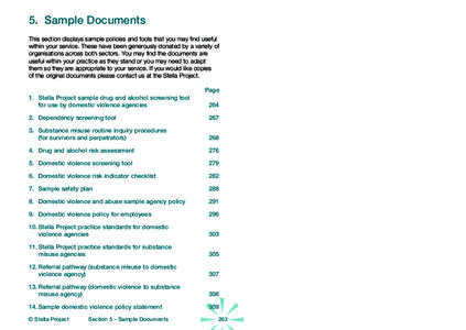 5. Sample Documents This section displays sample policies and tools that you may find useful within your service. These have been generously donated by a variety of organisations across both sectors. You may find the doc