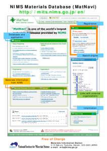 NIMS Materials Database (MatNavi) http://mits.nims.go.jp/en/ Registration Databases and application