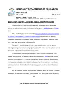 KENTUCKY DEPARTMENT OF EDUCATION NEWS RELEASE No[removed]May 24, 2011