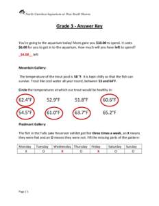 North Carolina Aquarium at Pine Knoll Shores  Grade 3 - Answer Key You’re going to the aquarium today! Mom gave you $10.00 to spend. It costs $6.00 for you to get in to the aquarium. How much will you have left to spen