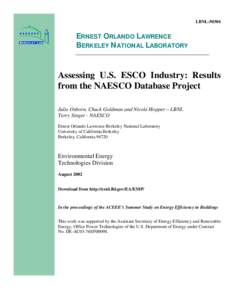 LBNL[removed]ERNEST ORLANDO LAWRENCE BERKELEY NATIONAL LABORATORY  Assessing U.S. ESCO Industry: Results