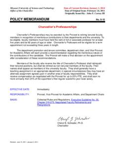 Missouri University of Science and Technology Office of the Chancellor Date of Current Revision: January 2, 2014 Date of Original Issue: February 24, 2011 Originally Issued By: John F. Carney III