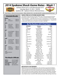 2014 Spokane Shock Game Notes - Week 1 Spokane Shock[removed]vs. Iowa Barnstormers[removed]Saturday, March 15, [removed]:00 PM Spokane, WA - Spokane Veterans Memorial Arena  Brett Gleason - Director of Communications - Office