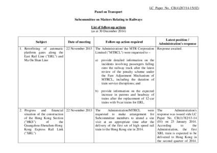 LC Paper No. CB[removed]Panel on Transport Subcommittee on Matters Relating to Railways List of follow-up actions (as at 30 December[removed]Latest position /