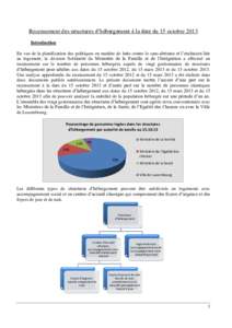 Recensement des structures d’hébergement à la date du 15 octobre 2013 Introduction En vue de la planification des politiques en matière de lutte contre le sans-abrisme et l’exclusion liée au logement, la division