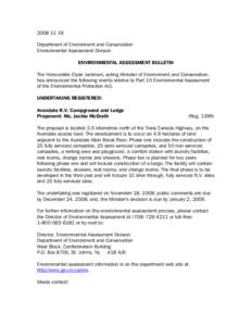[removed]Department of Environment and Conservation Environmental Assessment Division ENVIRONMENTAL ASSESSMENT BULLETIN The Honourable Clyde Jackman, acting Minister of Environment and Conservation, has announced the f