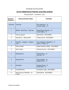 RIVERSIDE SCHOOL BOARD LIST OF CANDIDATES BY POSITION / ELECTORAL DIVISION General Election – November 2, 2014 Electoral Division #