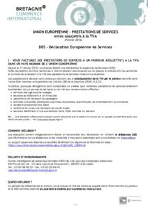 UNION EUROPEENNE - PRESTATIONS DE SERVICES entre assujettis à la TVA (FévrierDES - Déclaration Européenne de Services