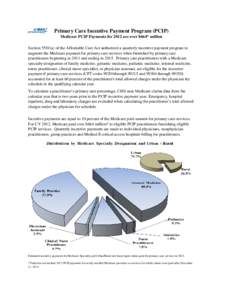 Primary Care Incentive Payment Program (PCIP) Medicare PCIP Payments for 2012 are over $664* million Section 5501(a) of the Affordable Care Act authorized a quarterly incentive payment program to augment the Medicare pay