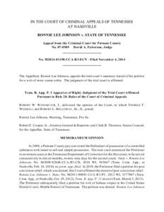 IN THE COURT OF CRIMINAL APPEALS OF TENNESSEE AT NASHVILLE RONNIE LEE JOHNSON v. STATE OF TENNESSEE Appeal from the Criminal Court for Putnam County No[removed]David A. Patterson, Judge