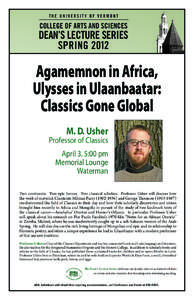 THE UNIVERSITY OF VERMONT  COLLEGE OF ARTS AND SCIENCES DEAN’S LECTURE SERIES SPRING 2012