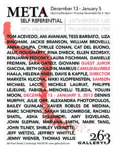 December 13 - January 5 Opening Reception: Thursday Decemeber 20, 6 - 9pm Tom Acevedo, Ani Avanian, Tess Barbato, Liza Bingham, Jackie Branson, William Brovelli, Anna Chupa, Cyrille Conan, Cat Del Buono,