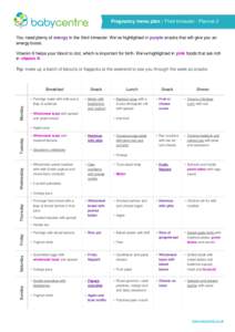 Pregnancy menu plan | Third trimester : Planner 2 You need plenty of energy in the third trimester. We’ve highlighted in purple snacks that will give you an energy boost. Vitamin K helps your blood to clot, which is im