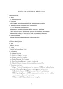 Summary of the meeting with Dr. William Glanville 1. Personal profile (1) Name Dr. William Glanville (2) Affiliation Vice President, International Institute for Sustainable Development