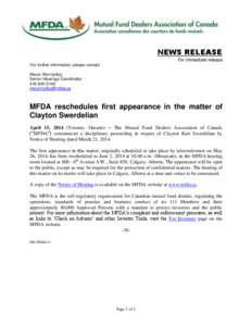 News release - MFDA reschedules first appearance in the matter of Clayton Swerdelian