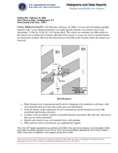 Fatality #20 - February 16, 2006 Fall of Roof or Back - Underground - KY Perry County Coal Corp. - HZ4-1 COAL MINE FATALITY - On Thursday, February 16, 2006, a 33-year old roof bolting machine operator with 7 years minin