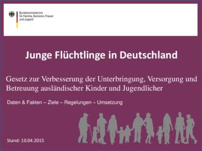 Junge Flüchtlinge in Deutschland Gesetz zur Verbesserung der Unterbringung, Versorgung und Betreuung ausländischer Kinder und Jugendlicher Daten & Fakten – Ziele – Regelungen – Umsetzung  Stand: 