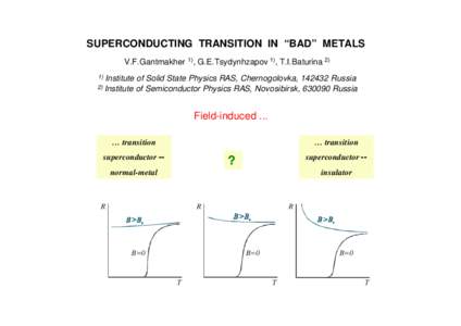 SUPERCONDUCTING TRANSITION IN “BAD” METALS V.F.Gantmakher 1), G.E.Tsydynhzapov 1), T.I.BaturinaInstitute of Solid State Physics RAS, Chernogolovka, Russia