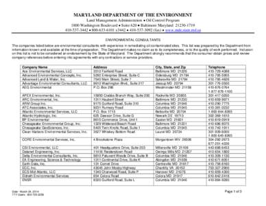 MARYLAND DEPARTMENT OF THE ENVIRONMENT  Land Management Administration  Oil Control Program 1800 Washington Boulevard  Suite 620  Baltimore Maryland[removed][removed]  [removed]x3442  [removed]