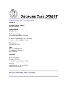 Discipline Case Digest Index  Law Society Home Page Case[removed]STEPHEN SAMUEL BONDAR