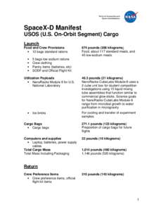 SpaceX-D Manifest USOS (U.S. On-Orbit Segment) Cargo Launch Food and Crew Provisions • 13 bags standard rations •