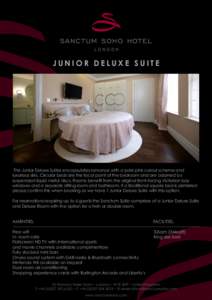 JUNIOR DELUXE SUITE  The Junior Deluxe Suites encapsulates romance with a pale pink colour scheme and luxurious silks. Circular beds are the focal point of the bedroom and are adorned by suspended liquid metal discs. Roo