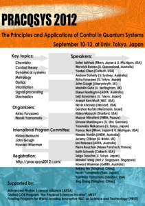 PRACQSYS[removed]The Principles and Applications of Control in Quantum Systems September 10-13, at Univ. Tokyo, Japan Key topics: Chemistry