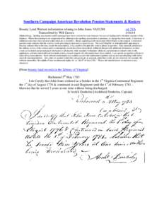 Southern Campaign American Revolution Pension Statements & Rosters Bounty Land Warrant information relating to John Jones VAS1288 Transcribed by Will Graves vsl 2VA[removed]