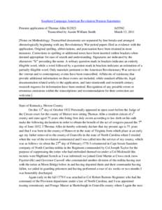 Southern Campaign American Revolution Pension Statements Pension application of Thomas Allin S12923 Transcribed by Austin William Smith fn55NC March 13, 2011