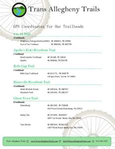 GPS Coordinates for Our Trailheads 6 to 10 Trail 2 trailheads Allegheny Portage Railroad NHS: [removed],-[removed]Foot of Ten Trailhead: [removed],-[removed]