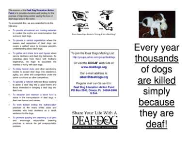 The mission of the Deaf Dog Education Action Fund is to provide education and funding for the purpose of improving and/or saving the lives of deaf dogs around the world. To accomplish this, we are committed to do the fol