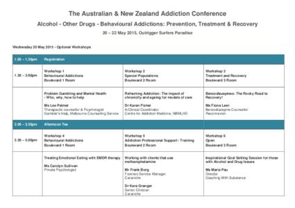 The Australian & New Zealand Addiction Conference Alcohol - Other Drugs - Behavioural Addictions: Prevention, Treatment & Recovery 20 – 22 May 2015, Outrigger Surfers Paradise Wednesday 20 May[removed]Optional Workshops