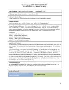 World Language-STEM MODULE COVERSHEET The Chesapeake Bay – A Home for Many Target Language: English as a Second Language Grade Level: 4 and 5