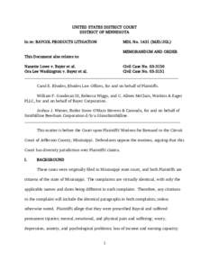 UNITED STATES DISTRICT COURT DISTRICT OF MINNESOTA In re: BAYCOL PRODUCTS LITIGATION MDL No[removed]MJD/JGL) MEMORANDUM AND ORDER