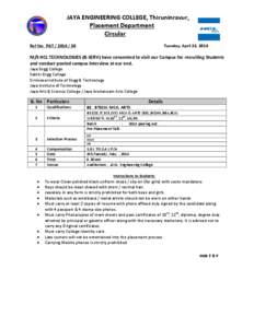 JAYA ENGINEERING COLLEGE, Thiruninravur. Placement Department Circular Ref No: P&T[removed]Tuesday, April 22, 2014