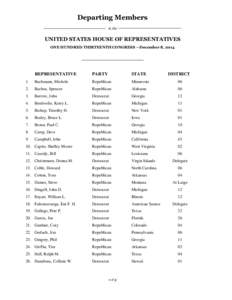 Departing Members in the UNITED STATES HOUSE OF REPRESENTATIVES ONE HUNDRED THIRTEENTH CONGRESS —December 8, 2014