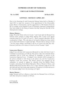 SUPREME COURT OF TASMANIA CIRCULAR TO PRACTITIONERS No. 6 of[removed]March 2013 LISTINGS – MONDAY 8 APRIL 2013