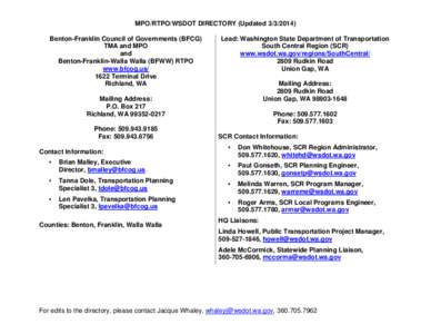 Benton-Franklin Council of Governments (BFCG) MPO/WSDOT directory - updated[removed]