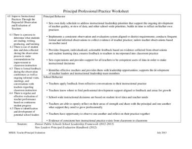 Principal Professional Practice Worksheet 4.0 Improve Instructional Principal Behavior  Practices Through the