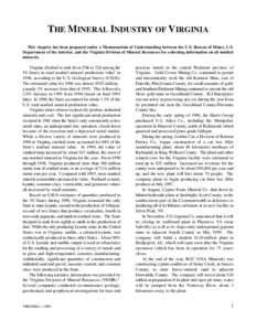 THE MINERAL INDUSTRY OF VIRGINIA This chapter has been prepared under a Memorandum of Understanding between the U.S. Bureau of Mines, U.S. Department of the Interior, and the Virginia Division of Mineral Resources for co