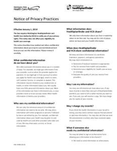 Notice of Privacy Practices Effective January 1, 2014 The law requires Washington Healthplanfinder and Health Care Authority (HCA) to notify you of your privacy rights. This notice does not affect your eligibility for he