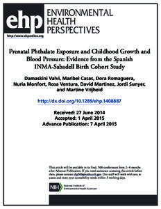Prenatal Phthalate Exposure and Childhood Growth and Blood Pressure: Evidence from the Spanish INMA-Sabadell Birth Cohort Study