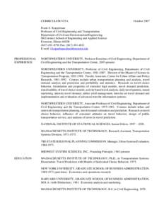 CURRICULUM VITA  October 2007 Frank S. Koppelman Professor of Civil Engineering and Transportation