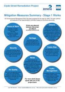 Clyde Street Remediation Project  Mitigation Measures Summary - Stage 1 Works An Environmental Management Plan has been prepared for the work by GHD. The plan outlines all measures to be implemented to minimise impacts o