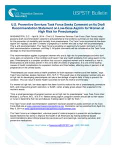 U.S. Preventive Services Task Force Seeks Comment on Its Draft Recommendation Statement on Low-Dose Aspirin for Women at High Risk for Preeclampsia