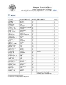Oregon Legislators and Staff Guide 1862 Regular Session September 8 - October 17