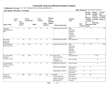 Community Program Utilization Summary Report Collaborative Group VARoanoke City & County/Salem CoC Date Range: Active User